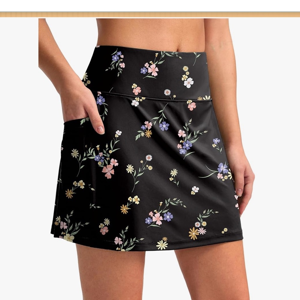 Elegant Floral Swim Skort in Black with Flowers